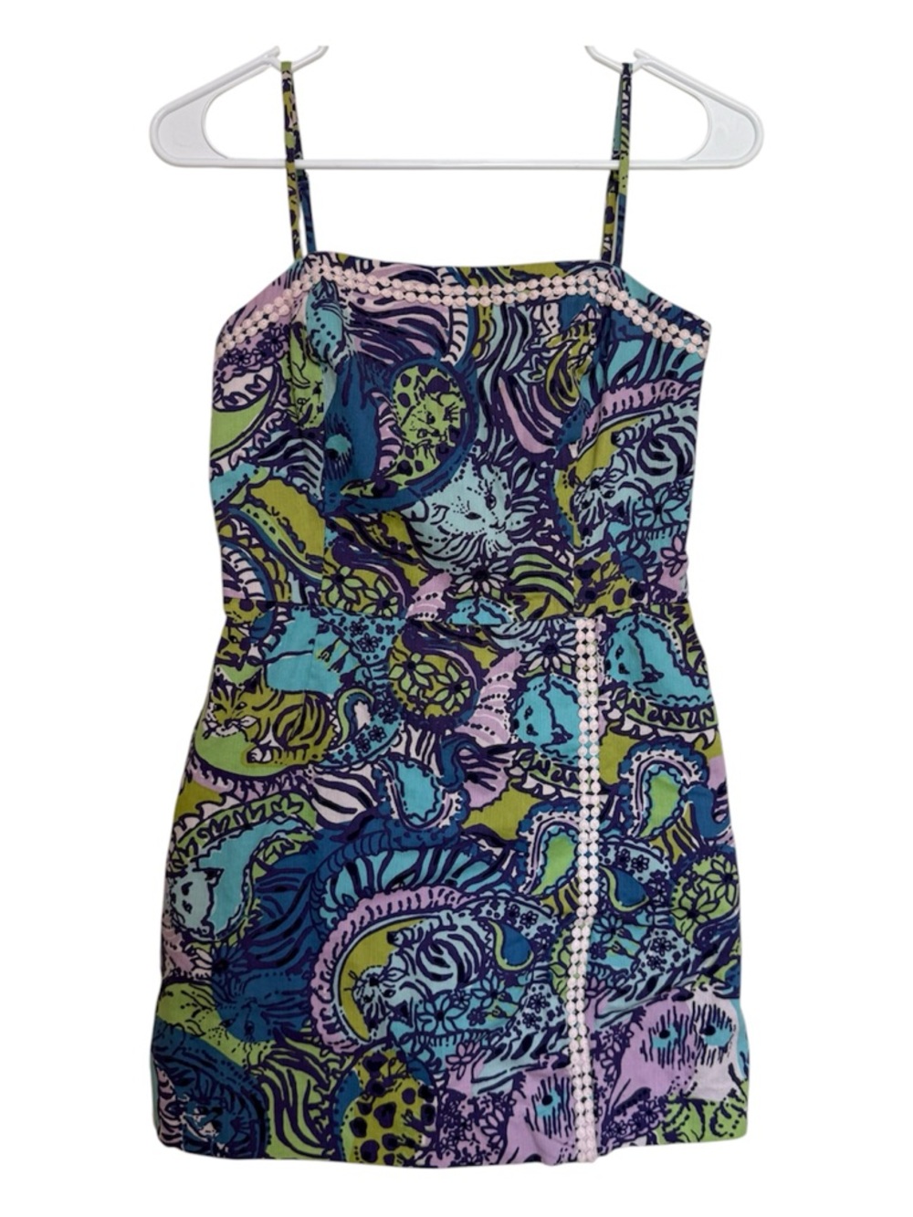 Lilly Pulitzer Jesse Romper SZ 4 Blue Pink Green Tropical Cat Print Beaded Trim